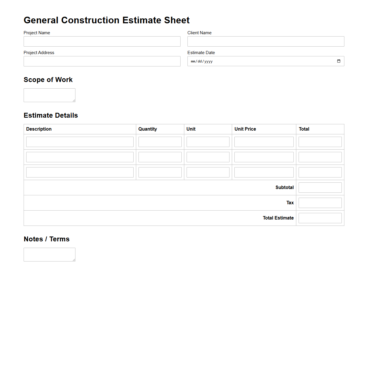 Blank General Construction Estimate Sheet