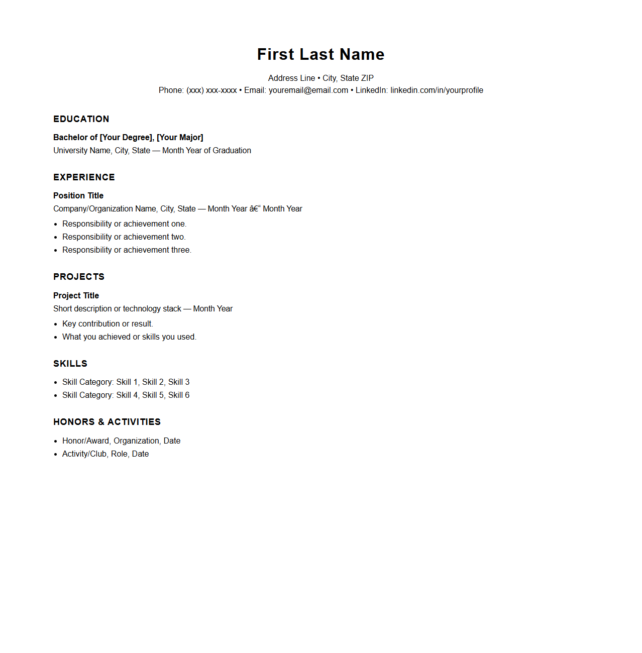 Blank Graduate Resume Template for Recent College Graduates