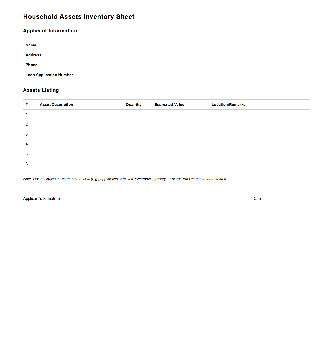 Blank Household Assets Inventory Sheet for Loan Application
