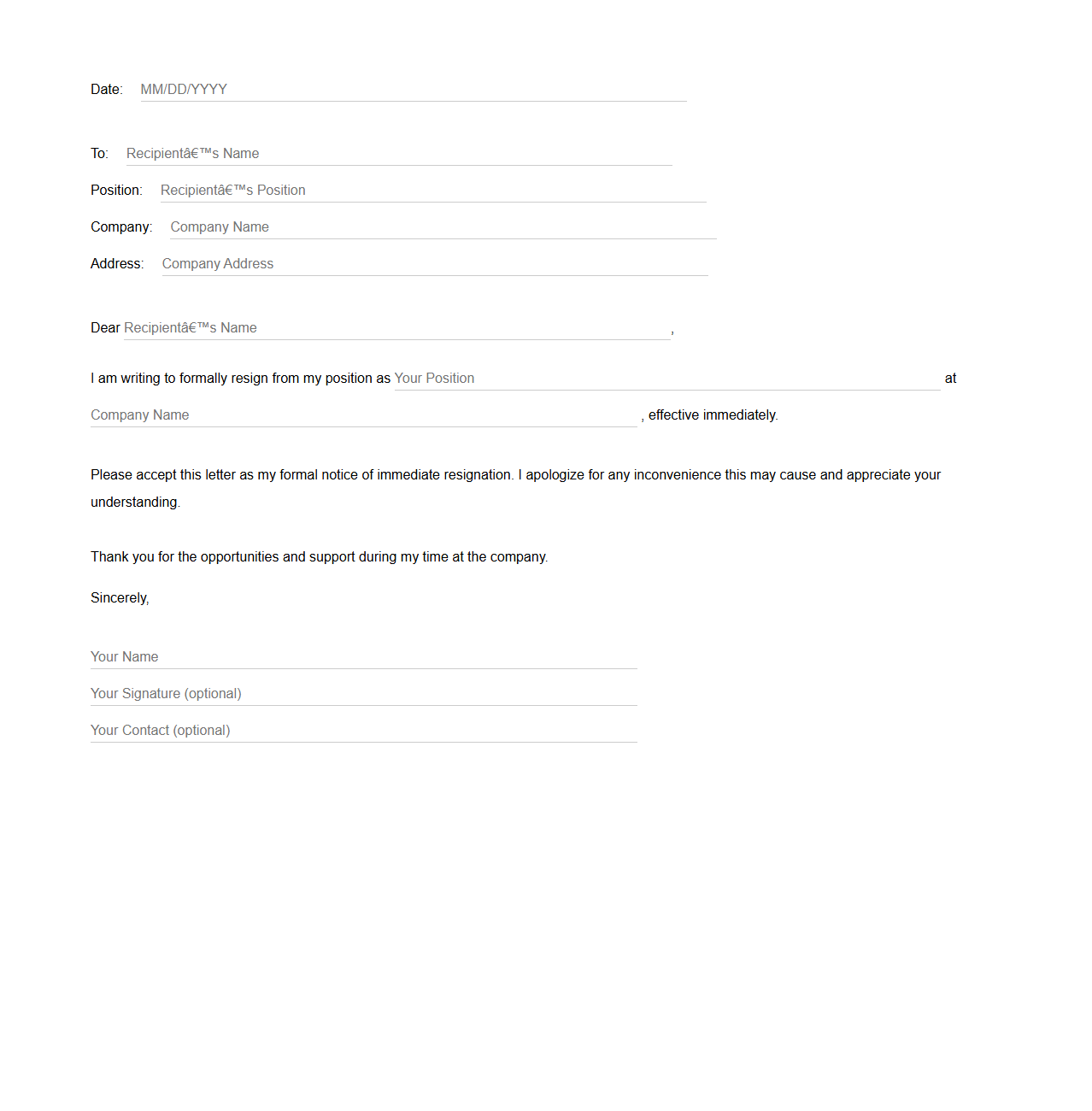 Blank Immediate Resignation Letter Framework