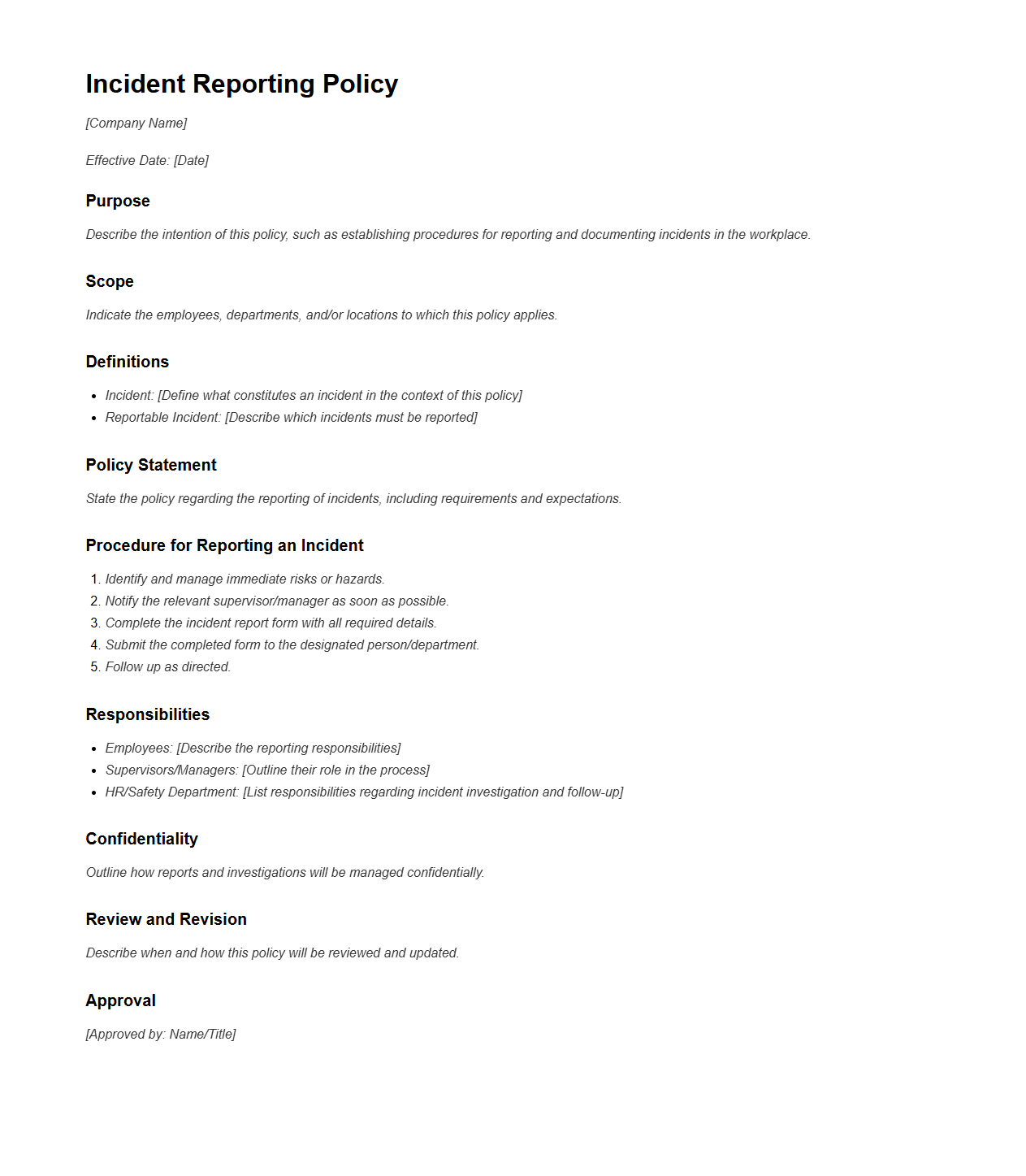 Blank Incident Reporting Policy Template for Work Environments