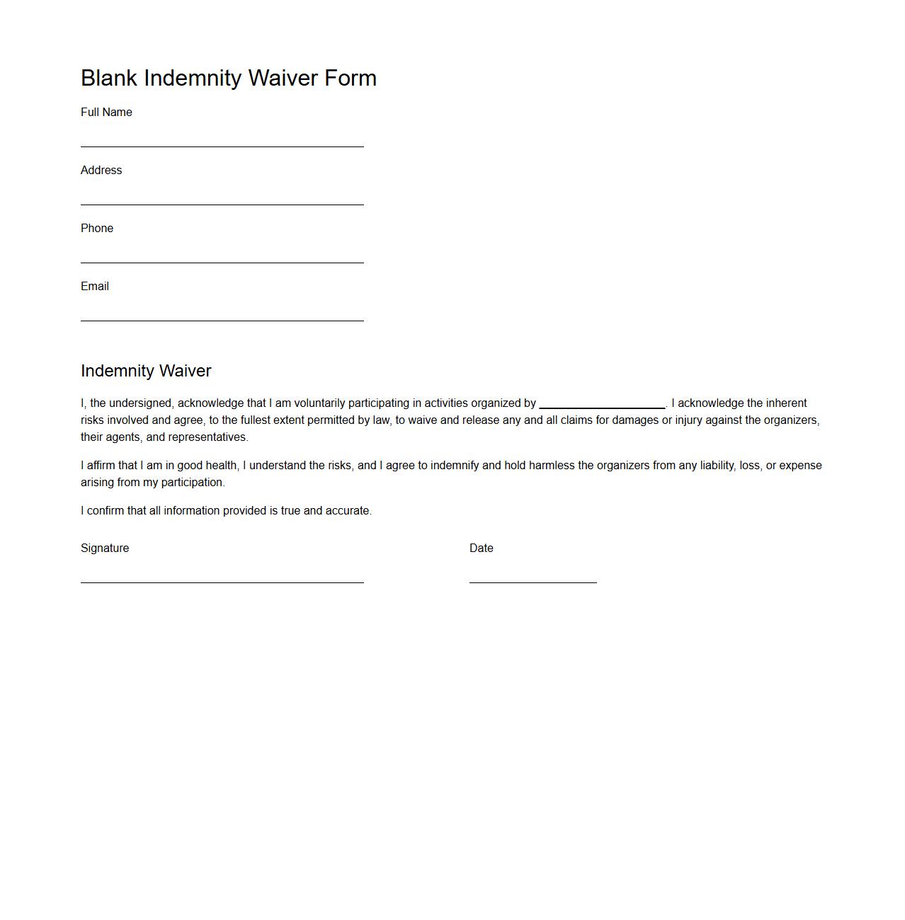 Blank Indemnity Waiver Form