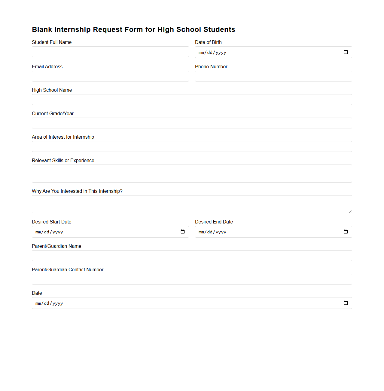 Blank Internship Request Form for High School Students