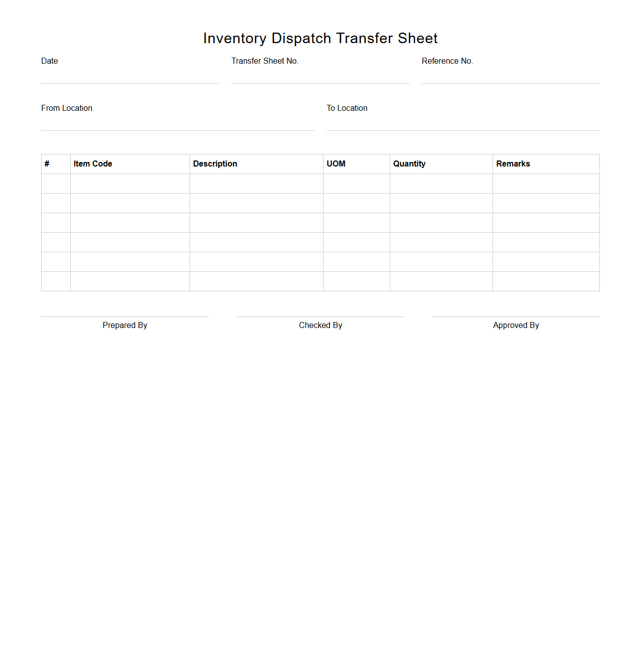 Blank Inventory Dispatch Transfer Sheet