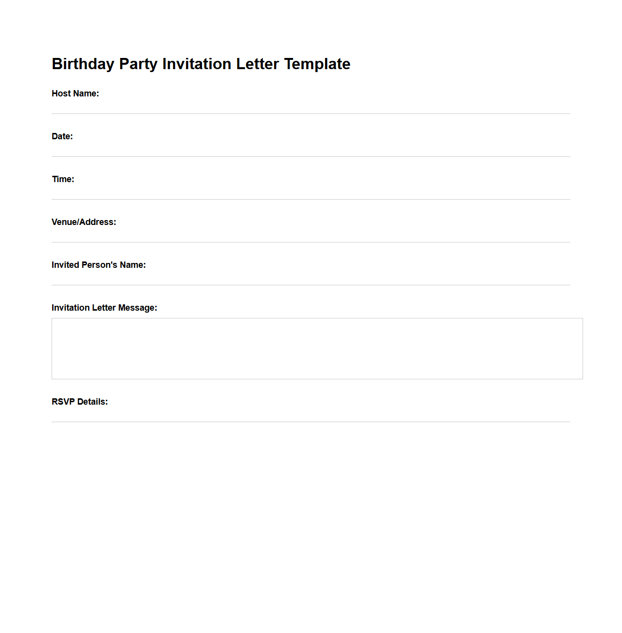 Blank Invitation Letter Template for Birthday Party Planning