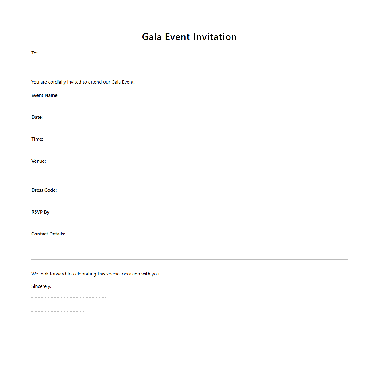 Blank Invitation Letter Template for Gala Event Management