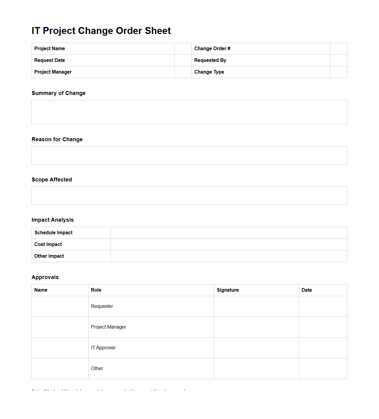 Blank IT Project Change Order Sheet
