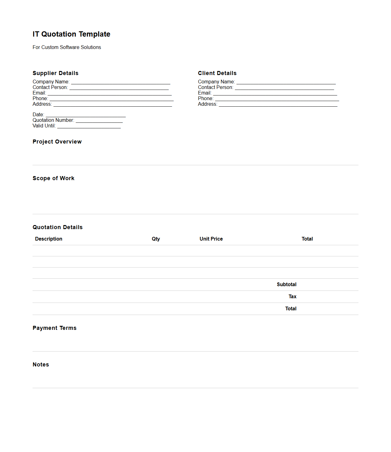 Blank IT Quotation Template for Custom Software Solutions