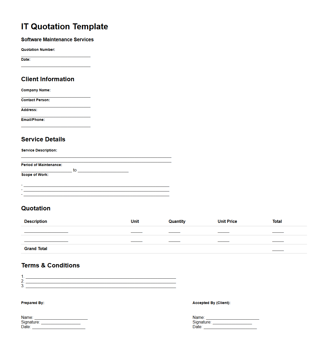 Blank IT Quotation Template for Software Maintenance Services