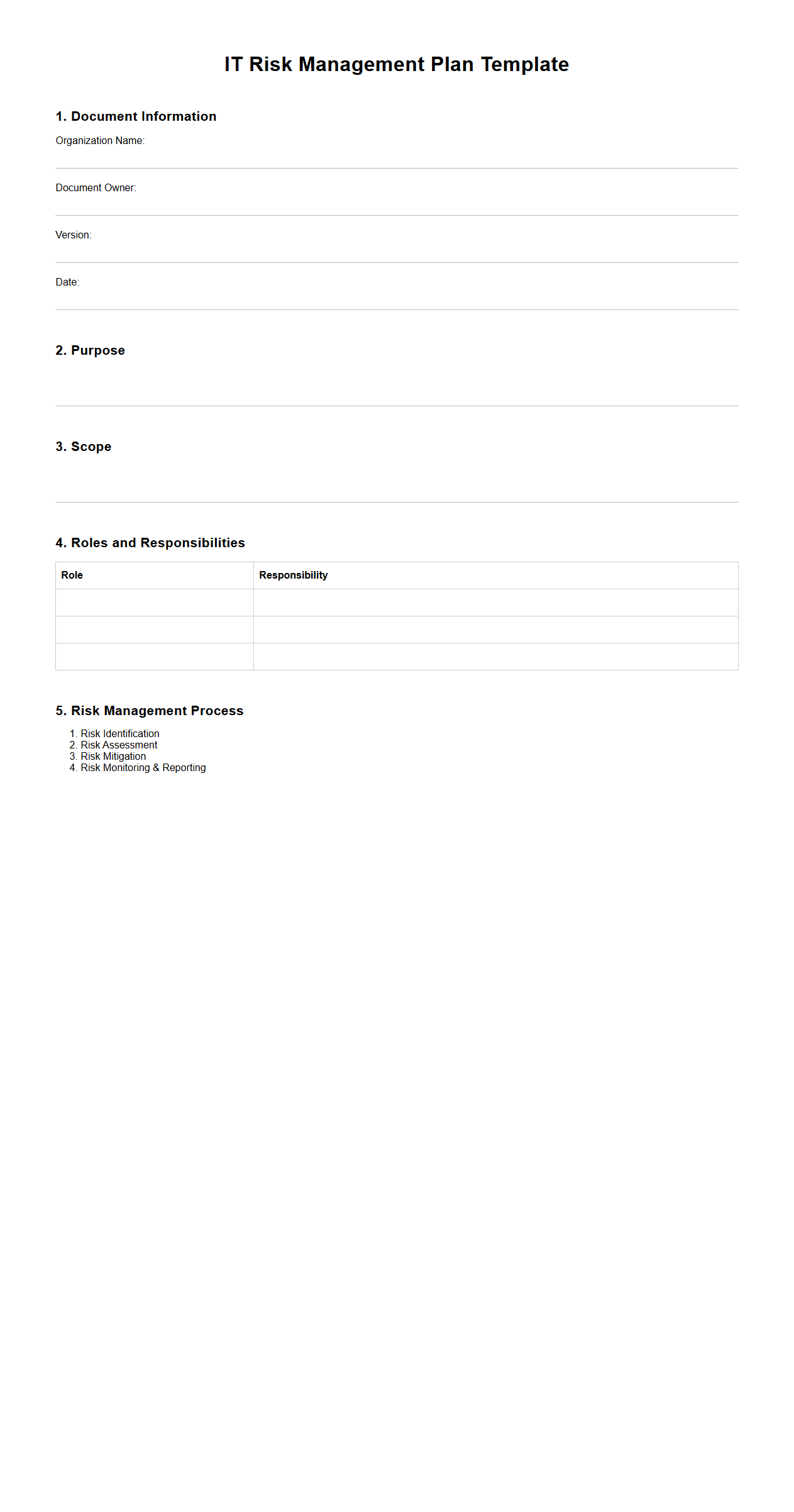 Blank IT Risk Management Plan Template for Organizations