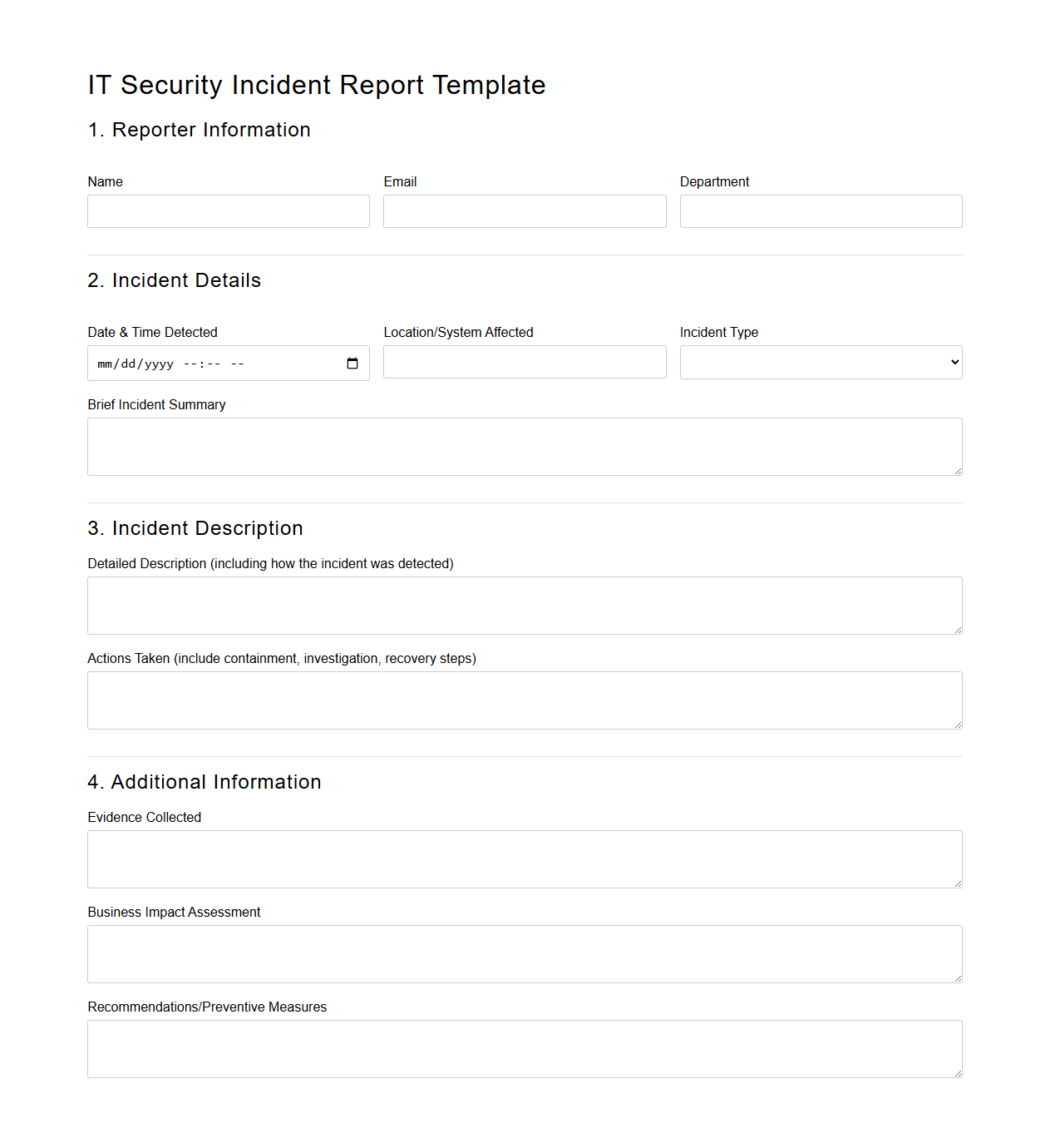 Blank IT Security Incident Report Template