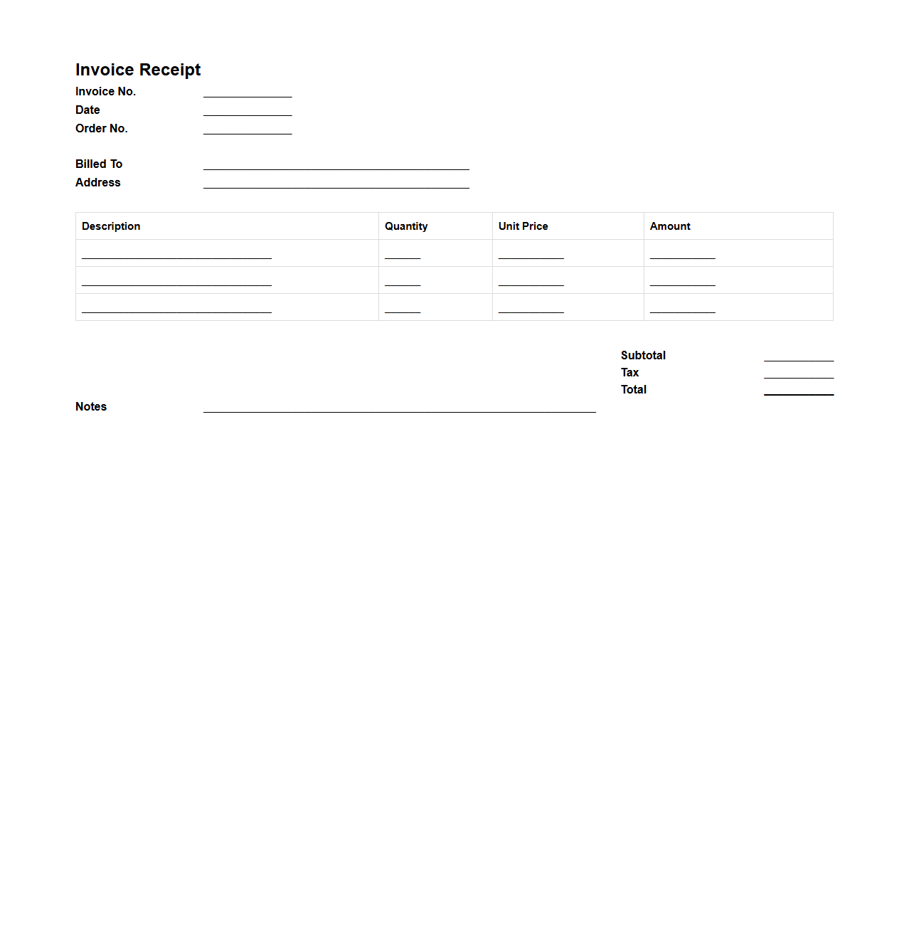 Blank Itemized Invoice Receipt for Order Summary