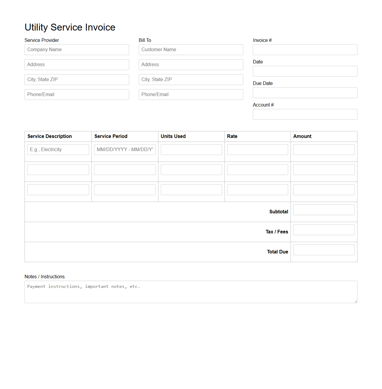 Blank Itemized Utility Service Invoice