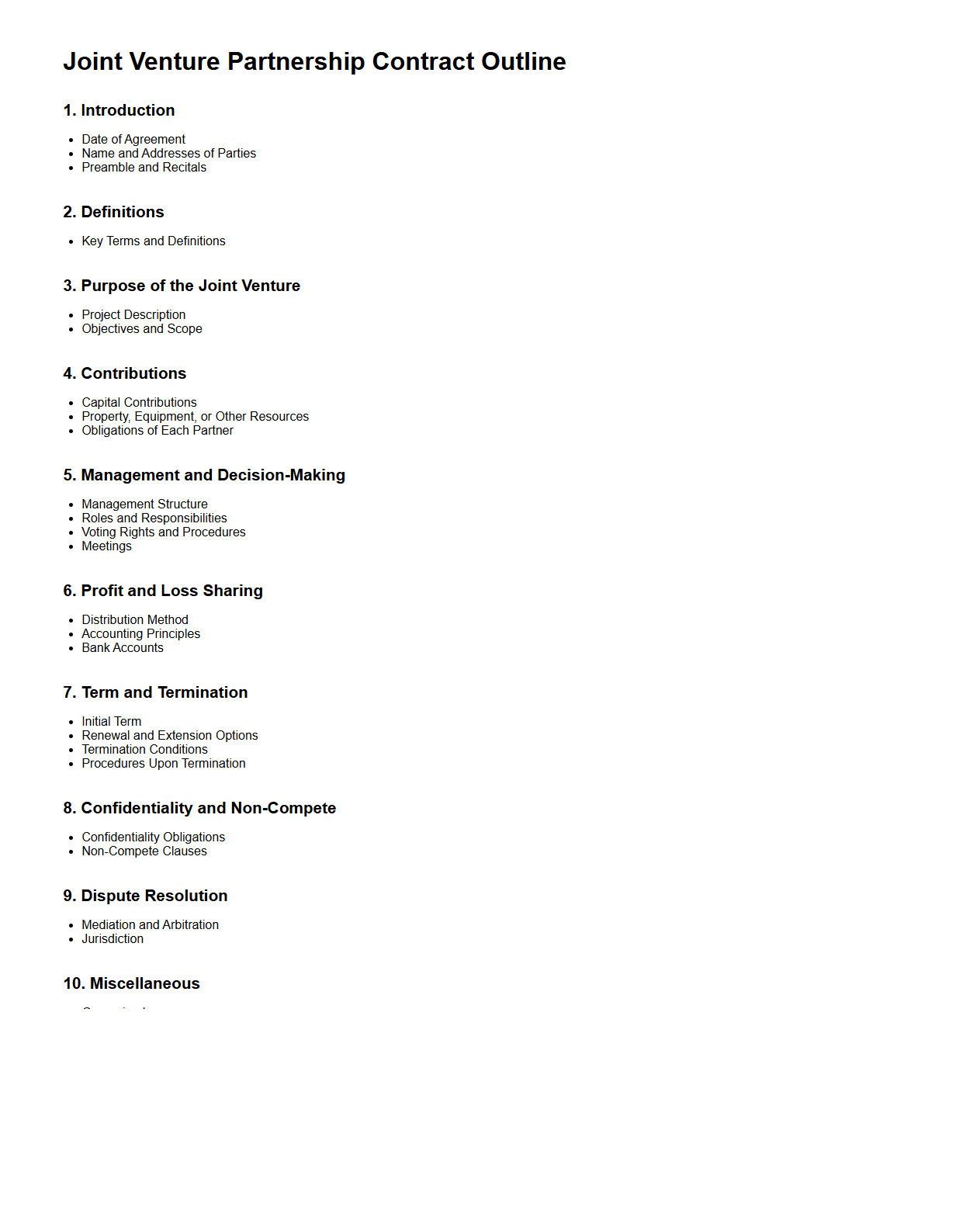 Blank Joint Venture Partnership Contract Outline
