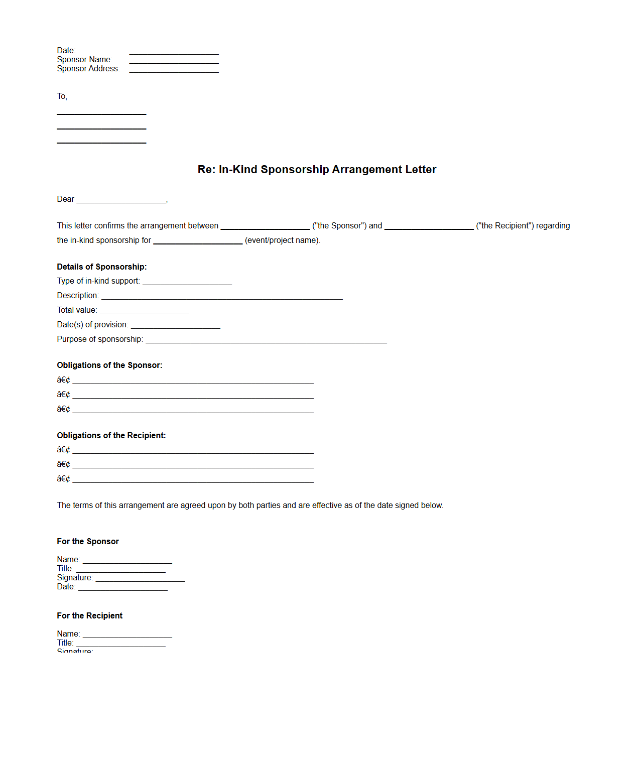 Blank In-Kind Sponsorship Arrangement Letter