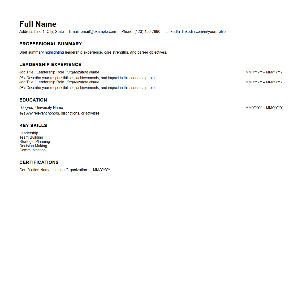 Blank Leadership Resume Sample