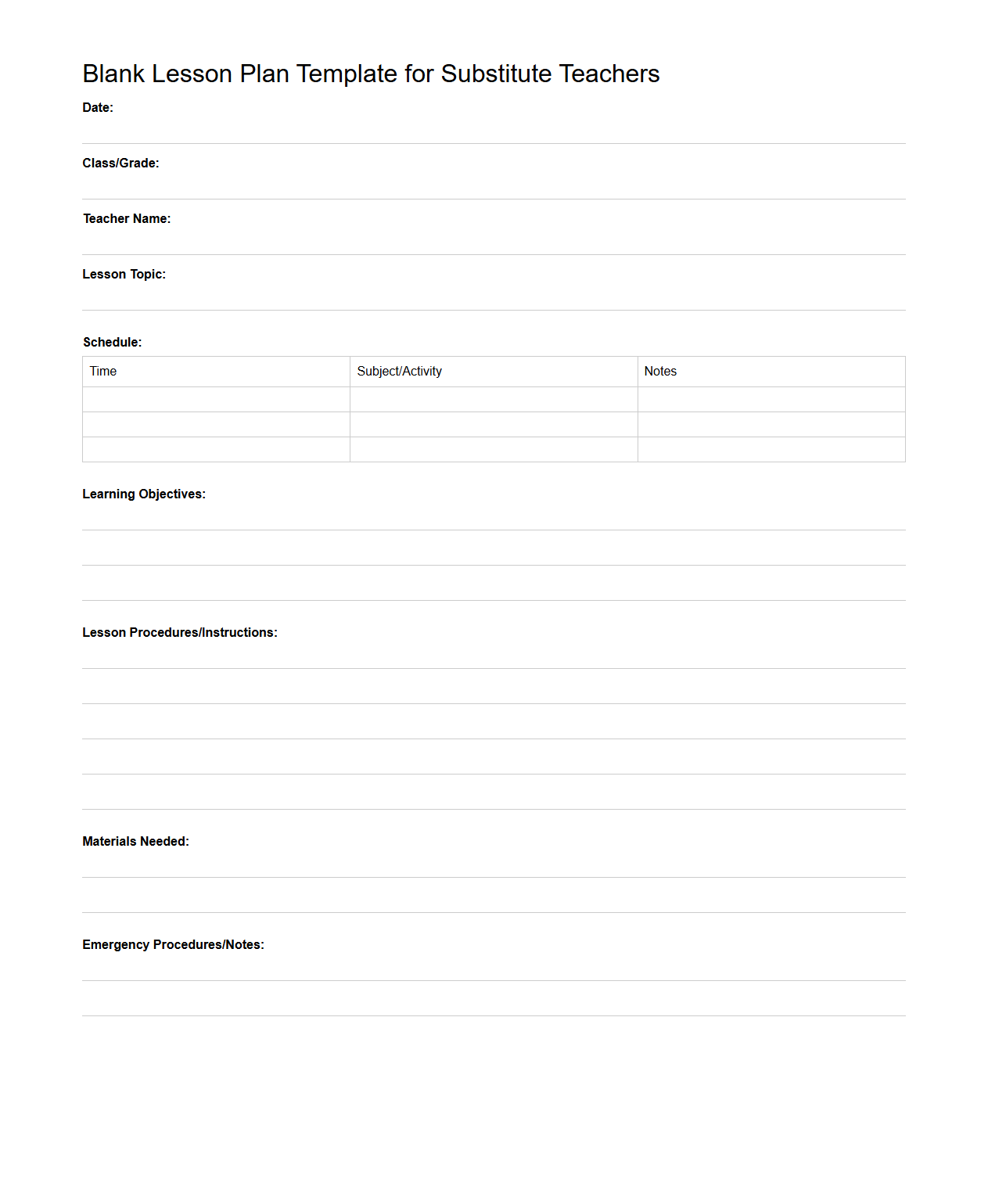 Blank Lesson Plan Template for Substitute Teachers