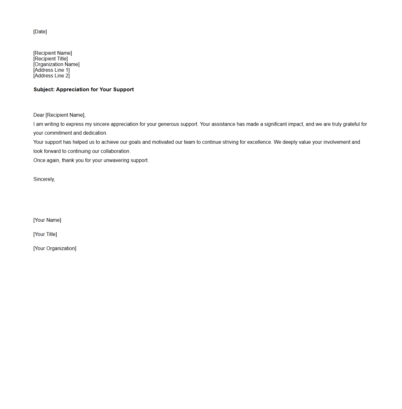 Blank Letter Template for Appreciation of Support