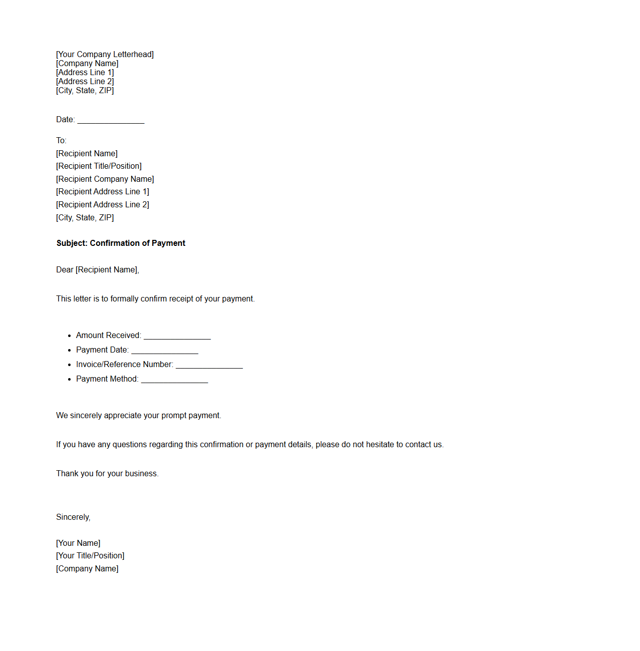 Blank Letter Template for Confirmation of Payment