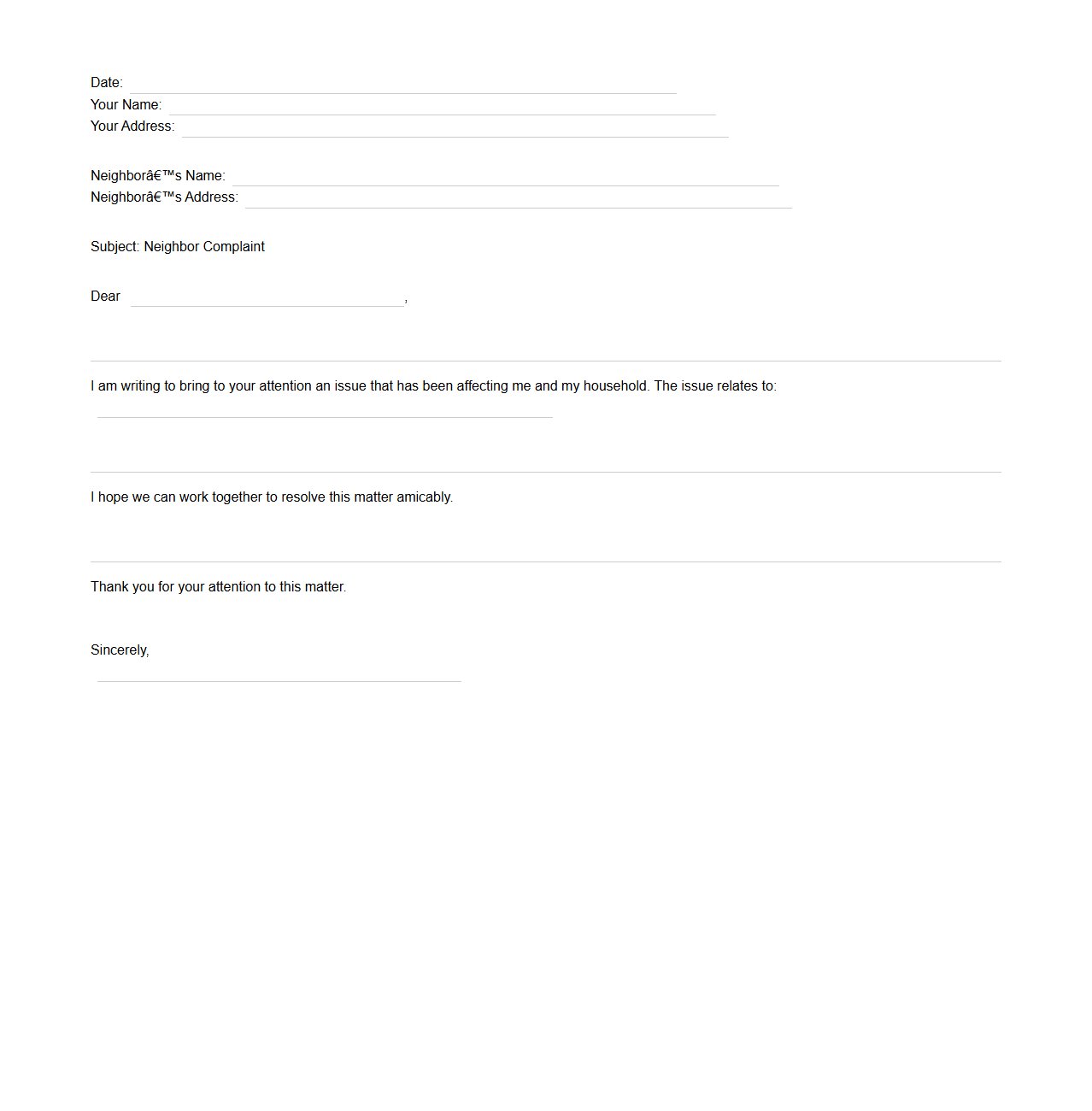 Blank Letter Template for Neighbor Complaint