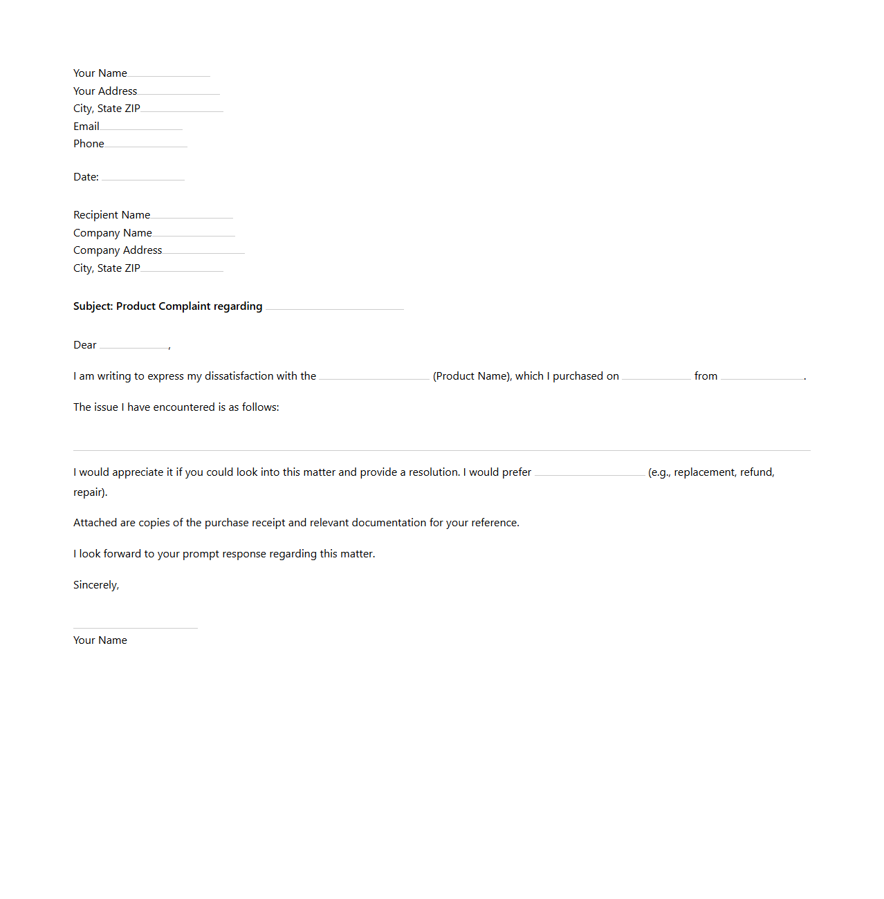Blank Letter Template for Product Complaint