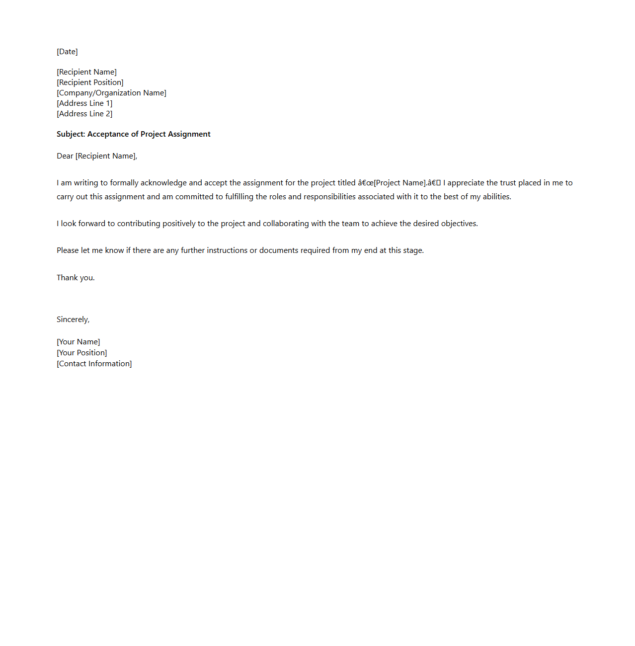 Blank Letter Template for Project Assignment Acceptance