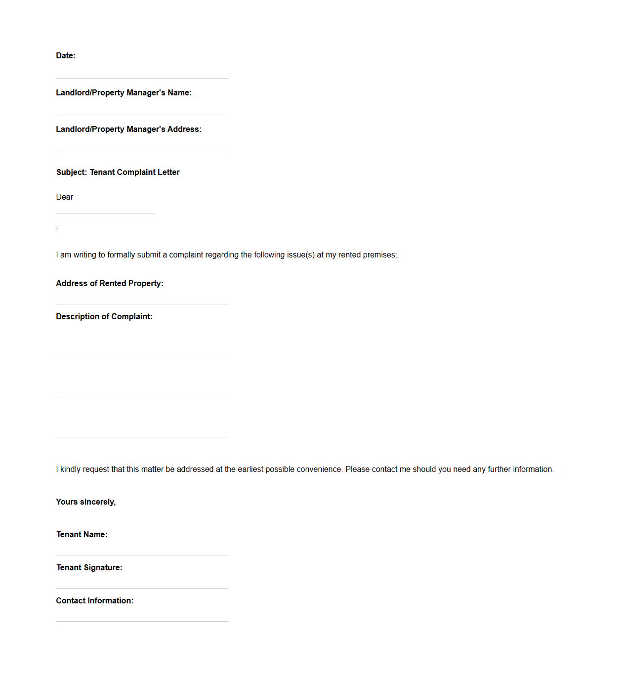 Blank Letter Template for Tenant Complaint