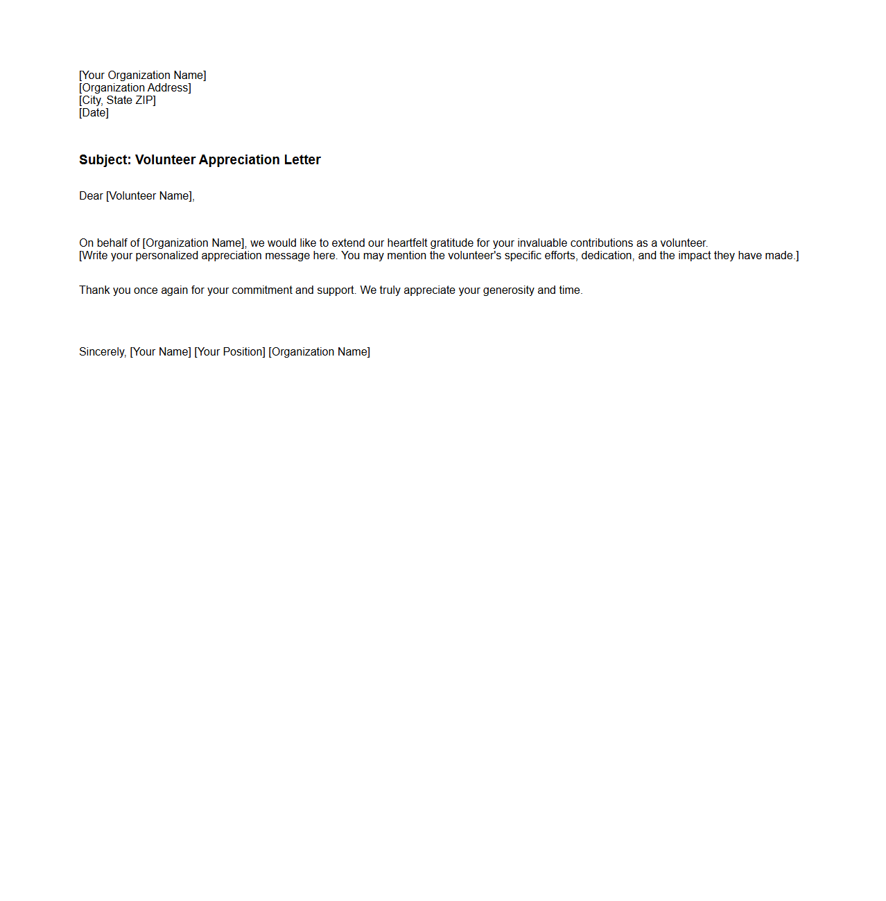 Blank Letter Template for Volunteer Appreciation