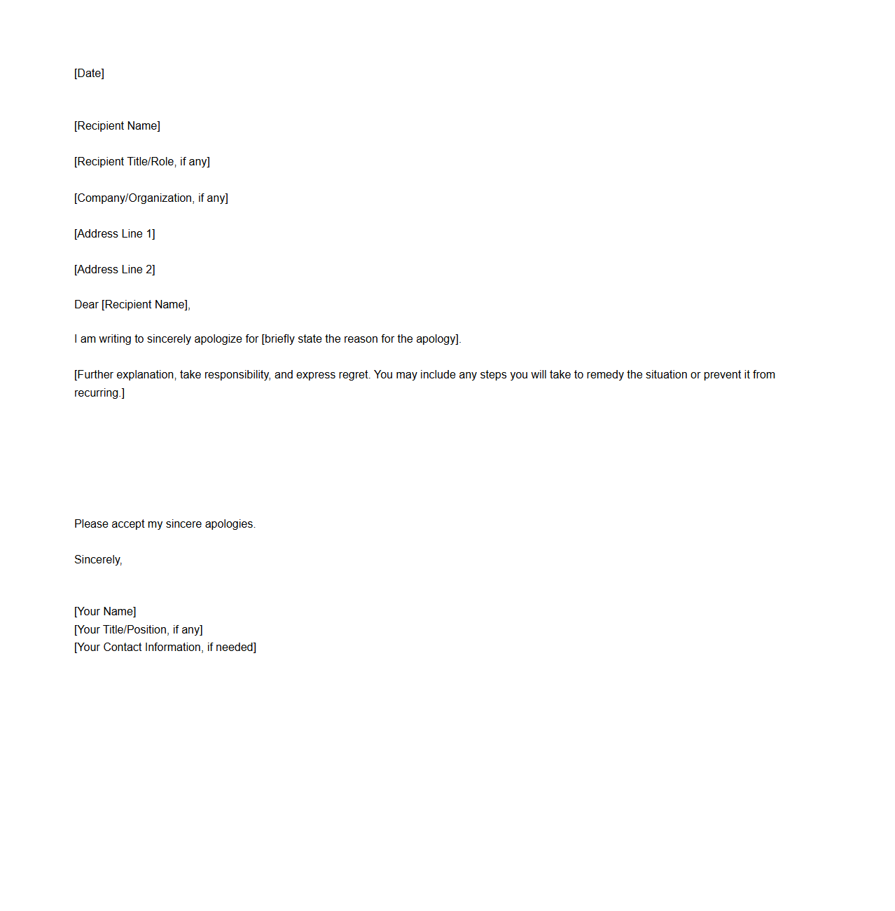 Blank Letter for Written Apology