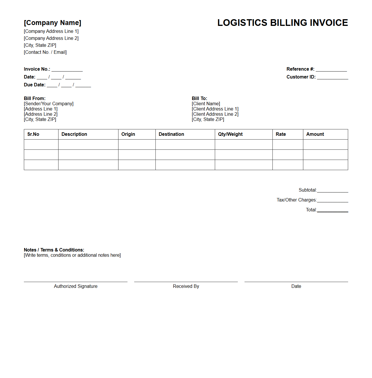 Blank Logistics Billing Invoice Format