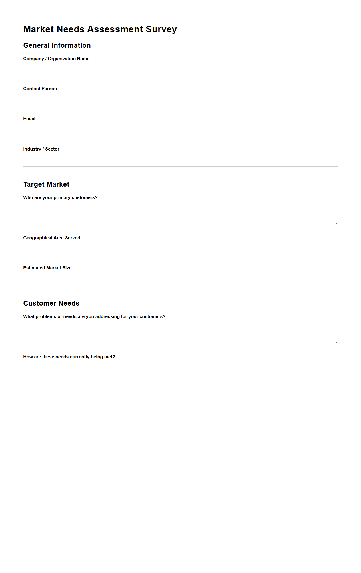 Blank Market Needs Assessment Survey Template for Business Planning