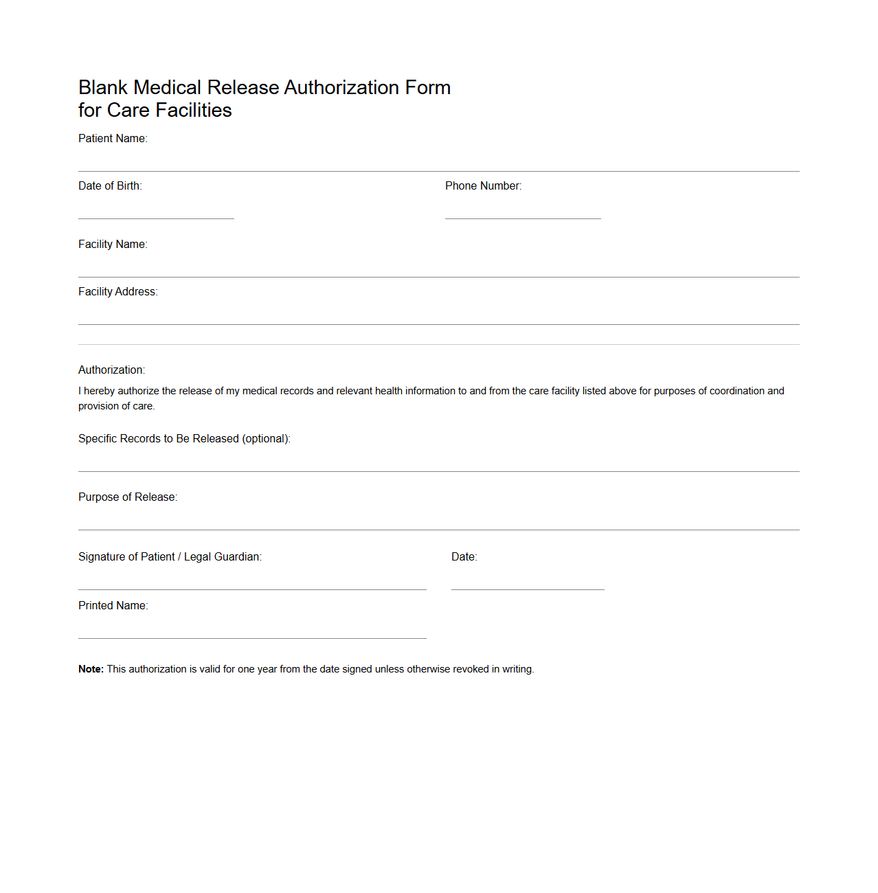 Blank Medical Release Authorization Form for Care Facilities