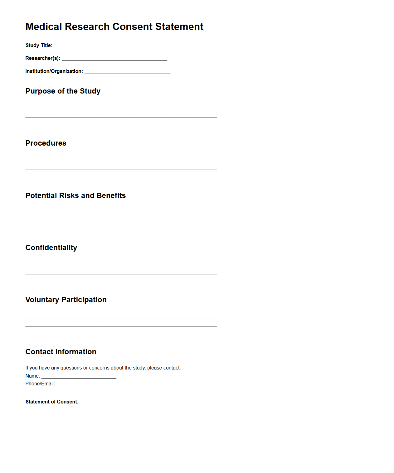 Blank Medical Research Consent Statement Template