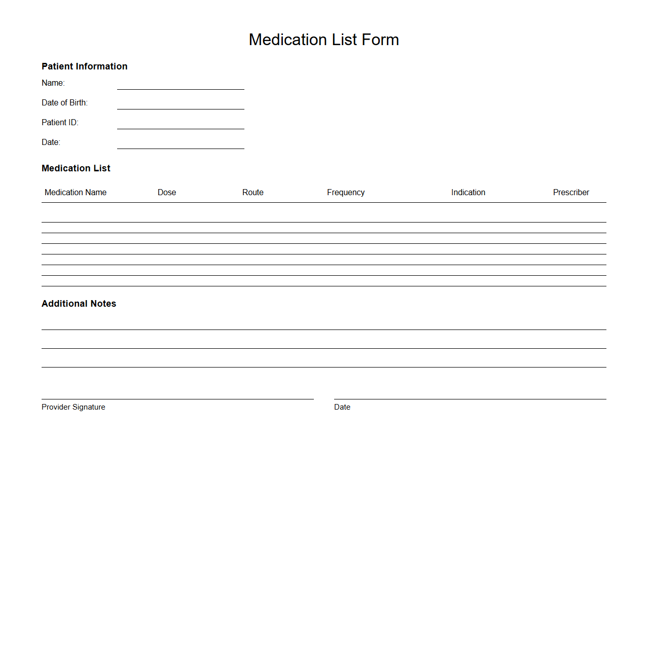 Blank Medication List Form for Clinical Use