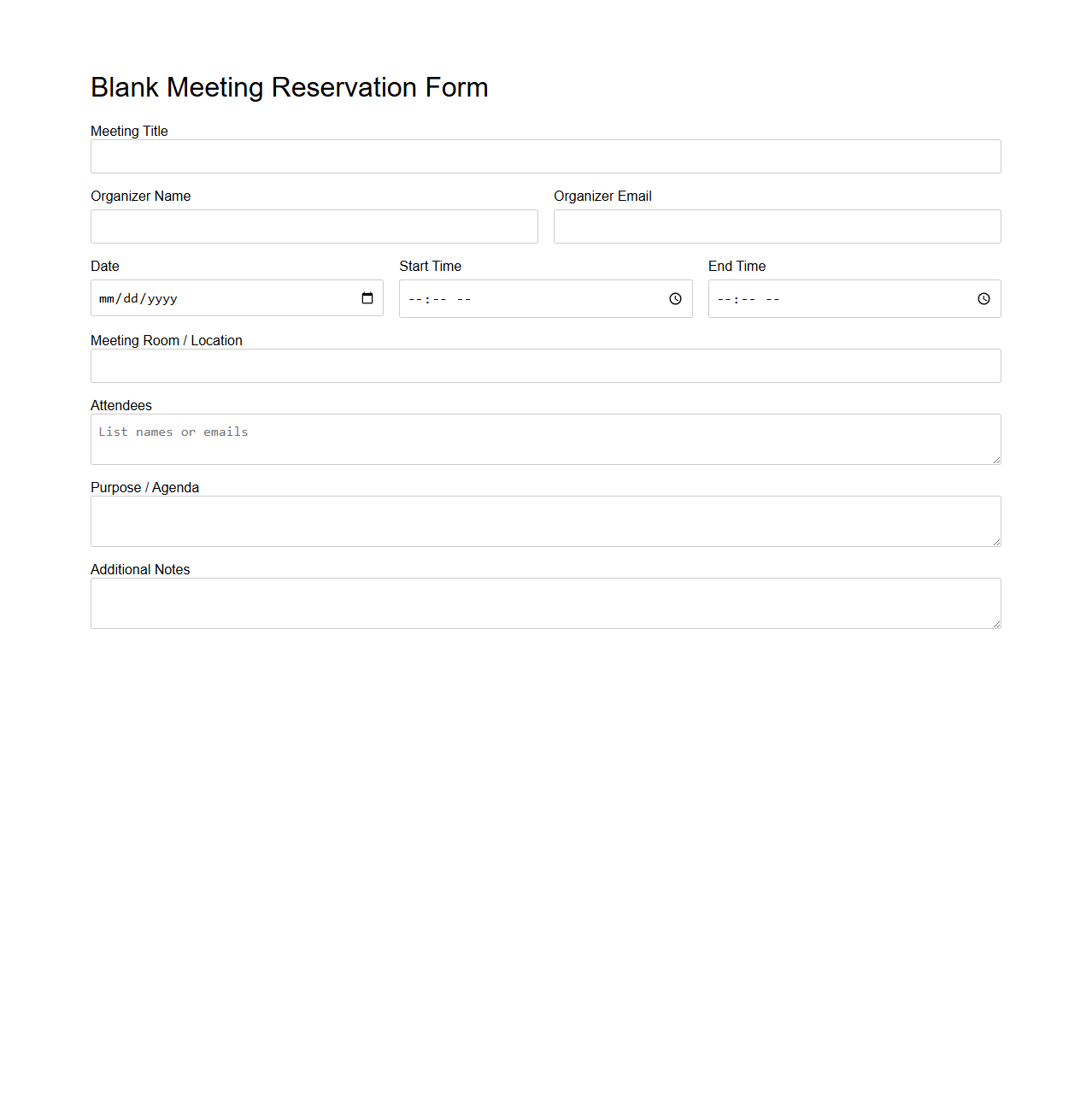 Blank Meeting Reservation Form Template