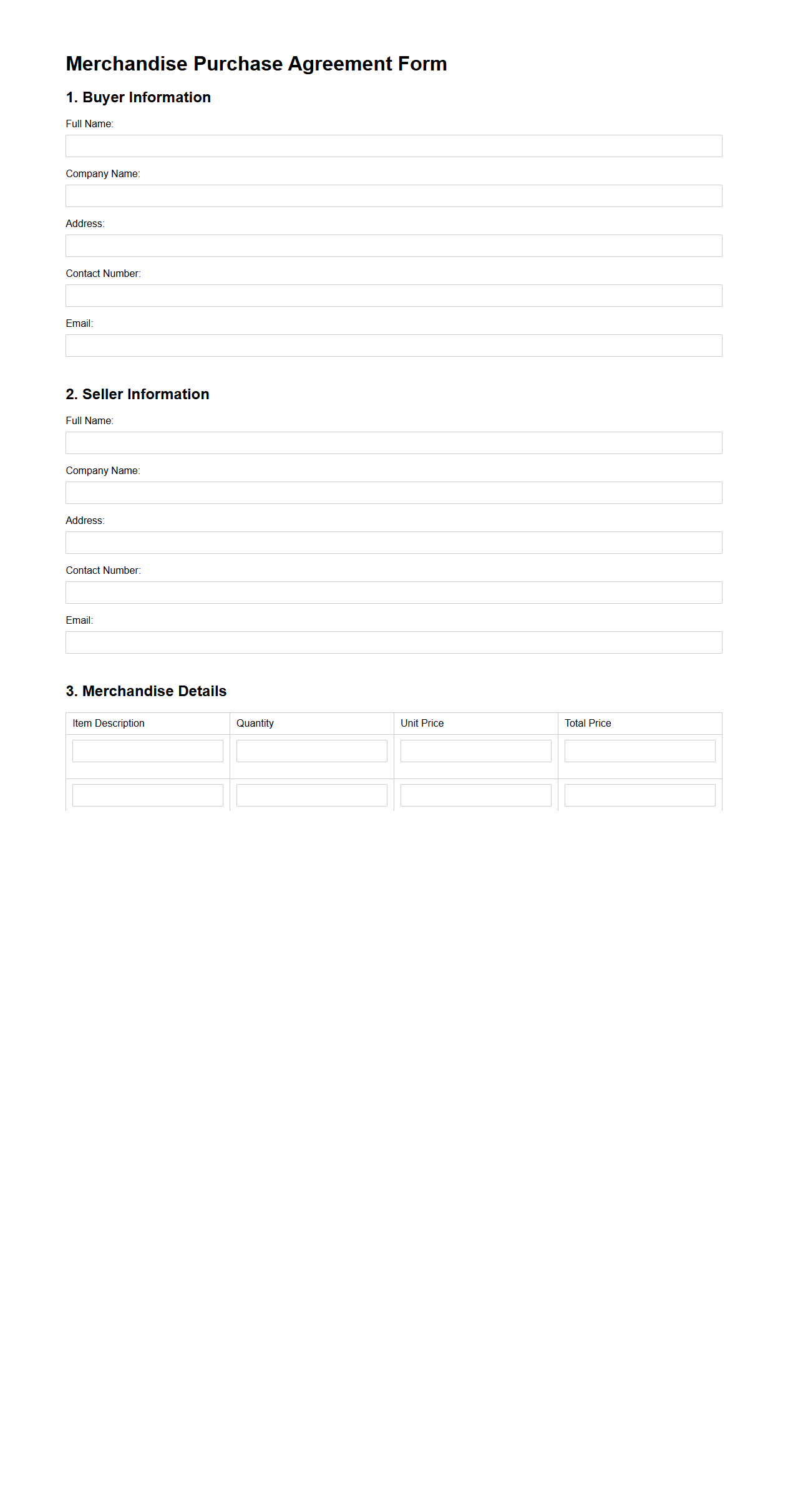 Blank Merchandise Purchase Agreement Form