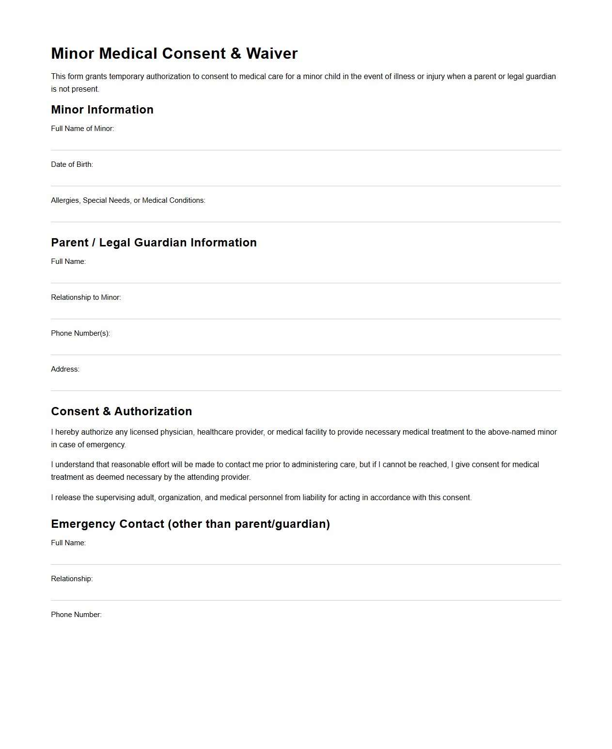 Blank Minor Medical Consent Waiver Template