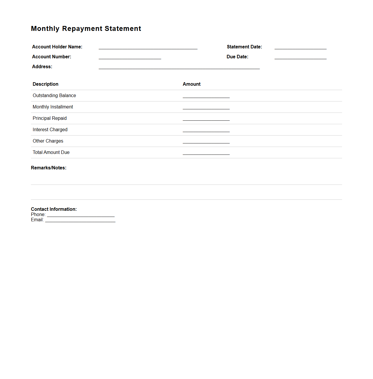 Blank Monthly Repayment Statement Template