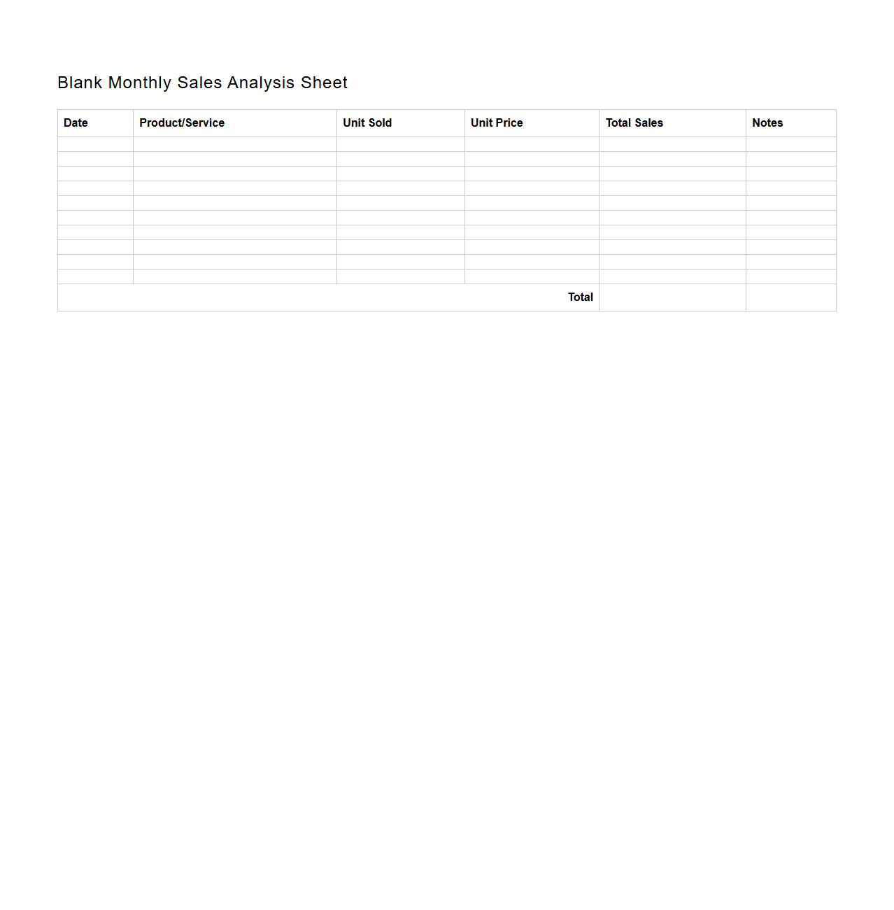 Blank Monthly Sales Analysis Sheet