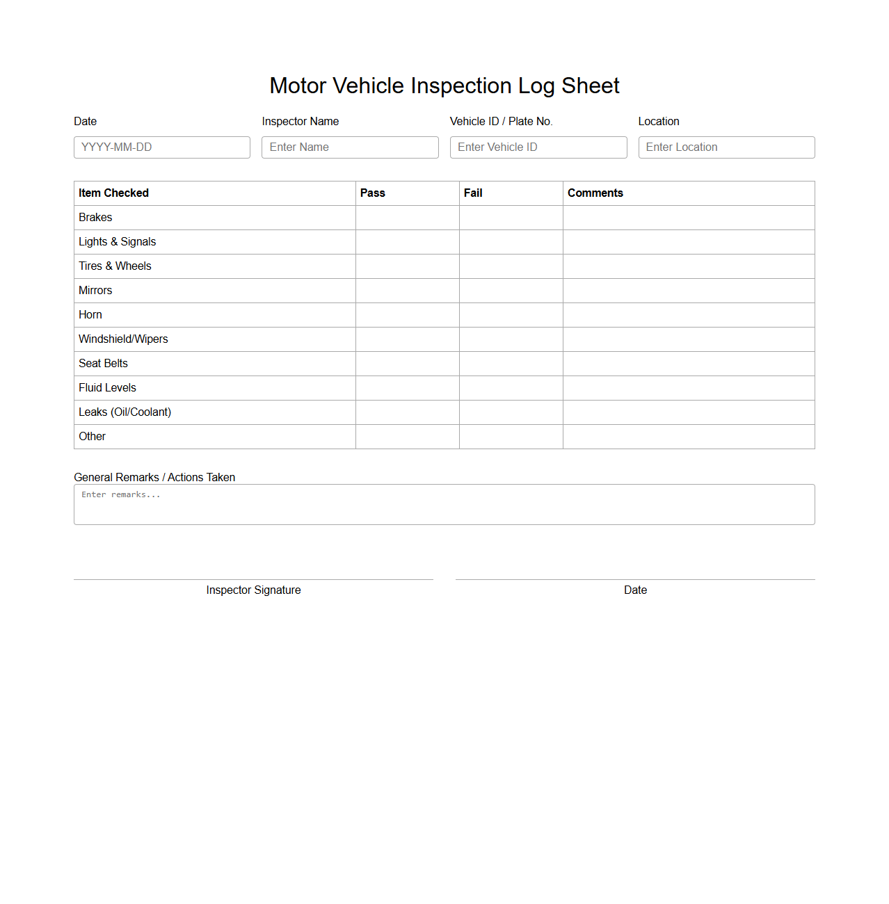 Blank Motor Vehicle Inspection Log Sheet