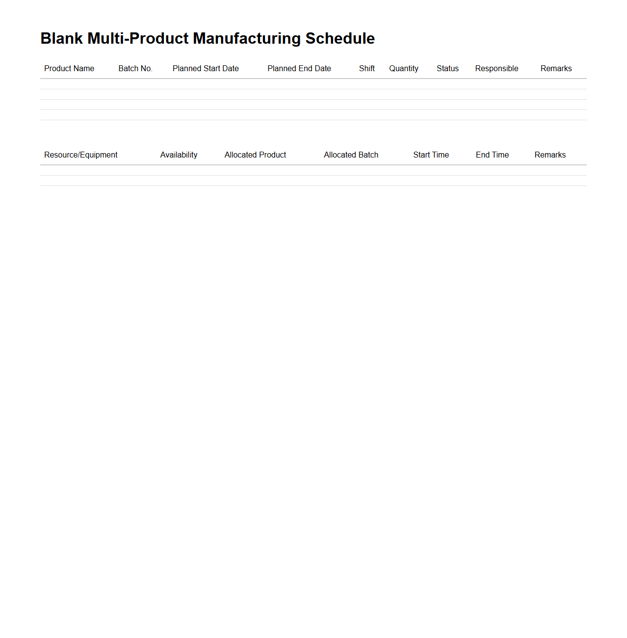 Blank Multi-Product Manufacturing Schedule Template