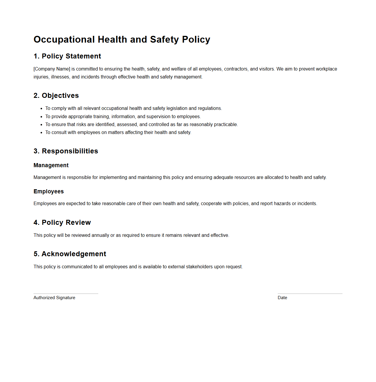 Blank Occupational Health and Safety Policy Template