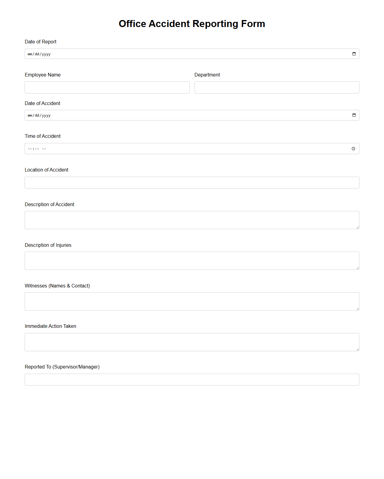 Blank Office Accident Reporting Form