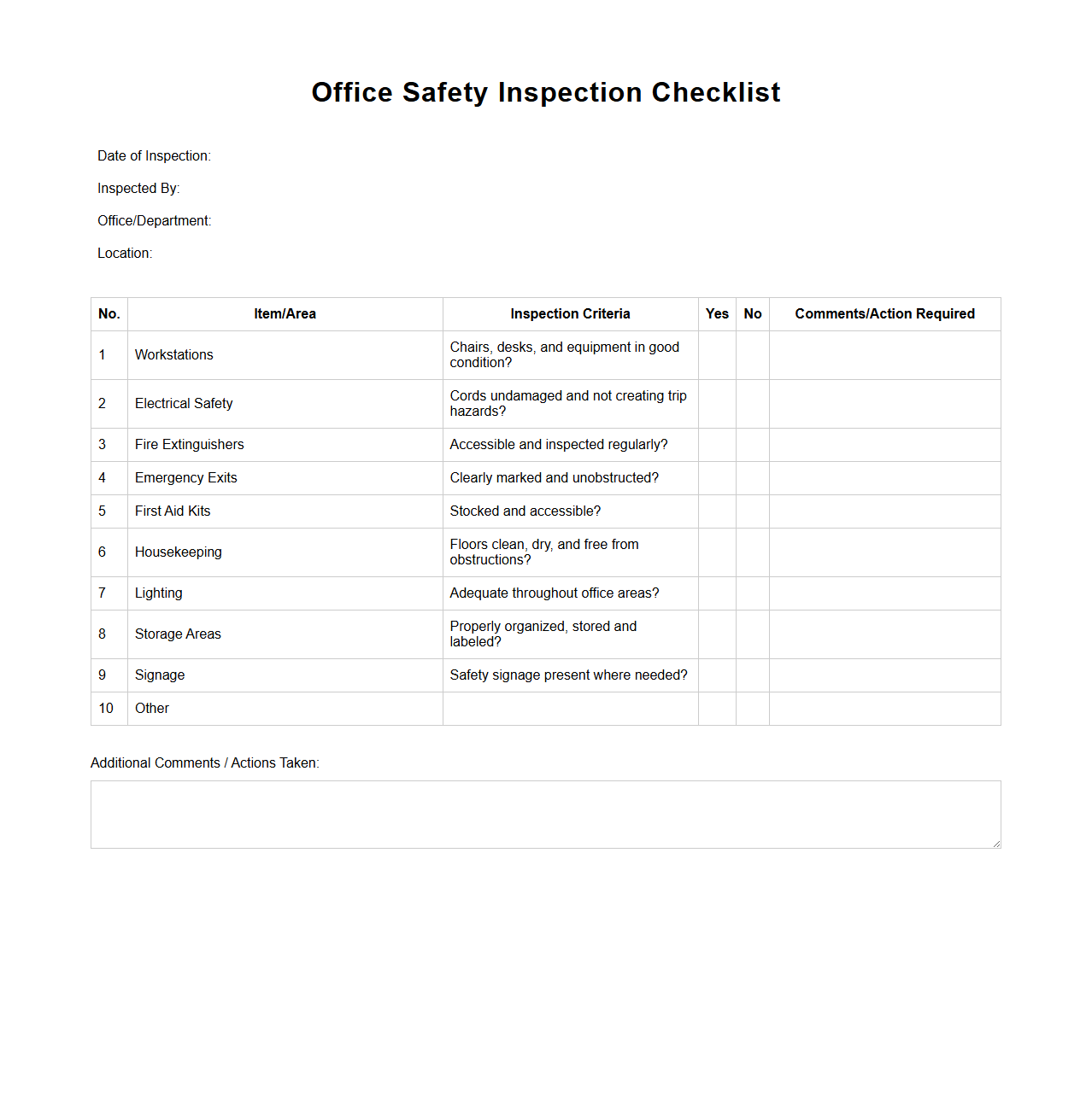 Blank Office Safety Inspection Checklist Template