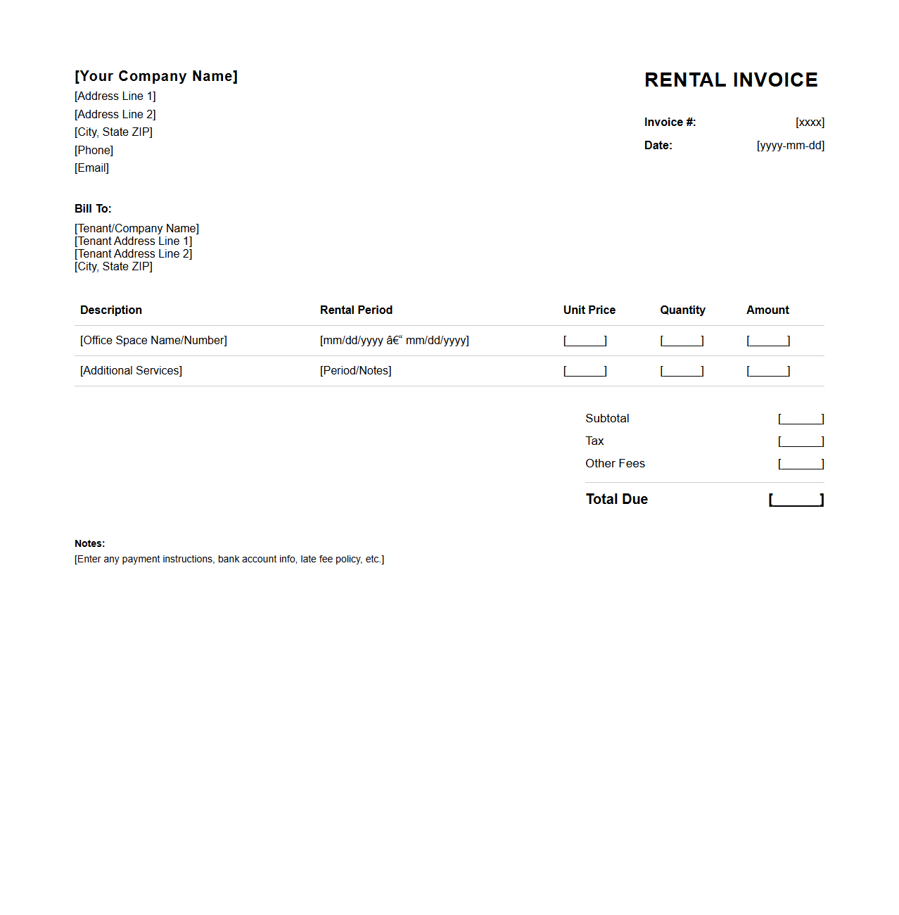 Blank Office Space Rental Invoice Template