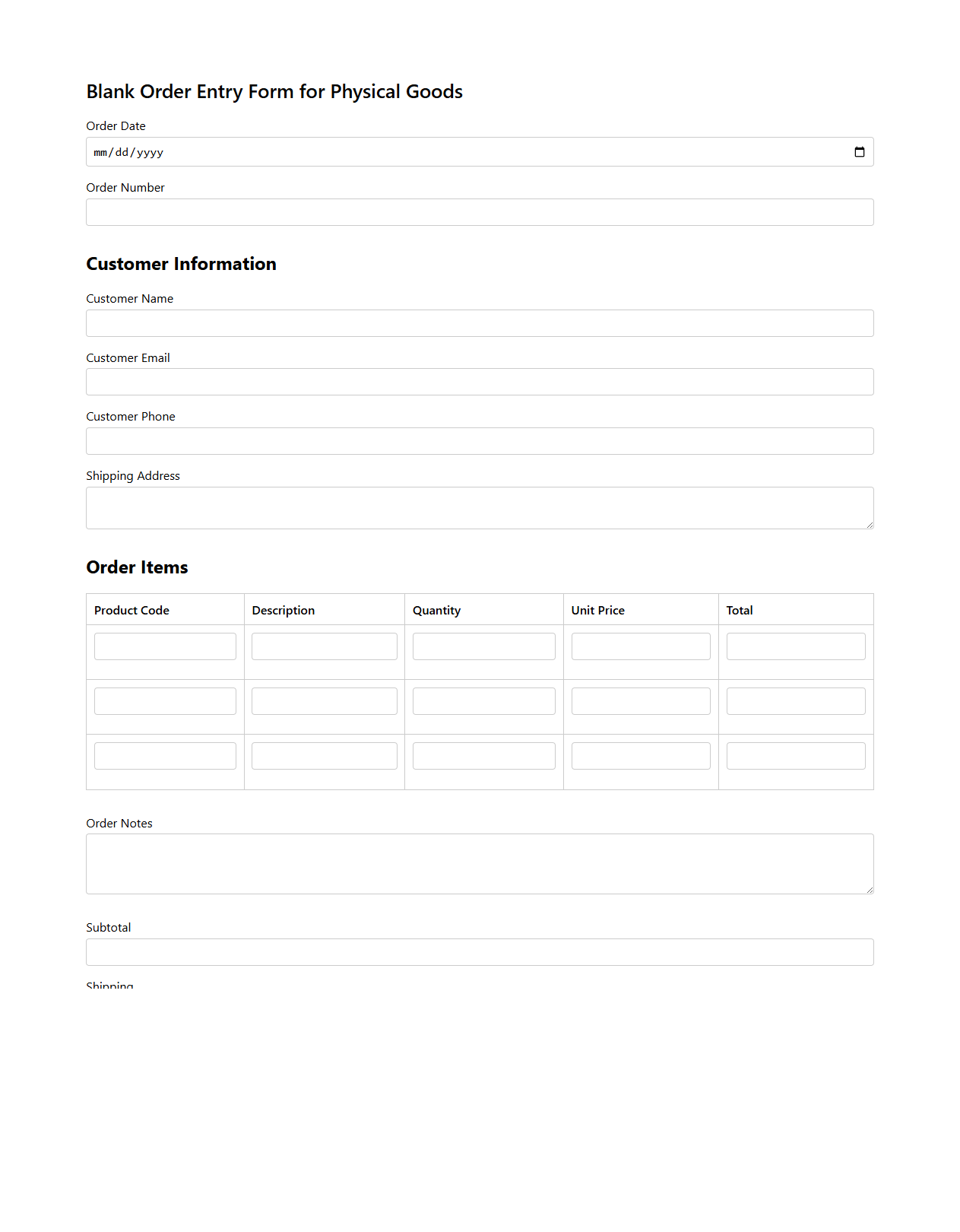 Blank Order Entry Form for Physical Goods