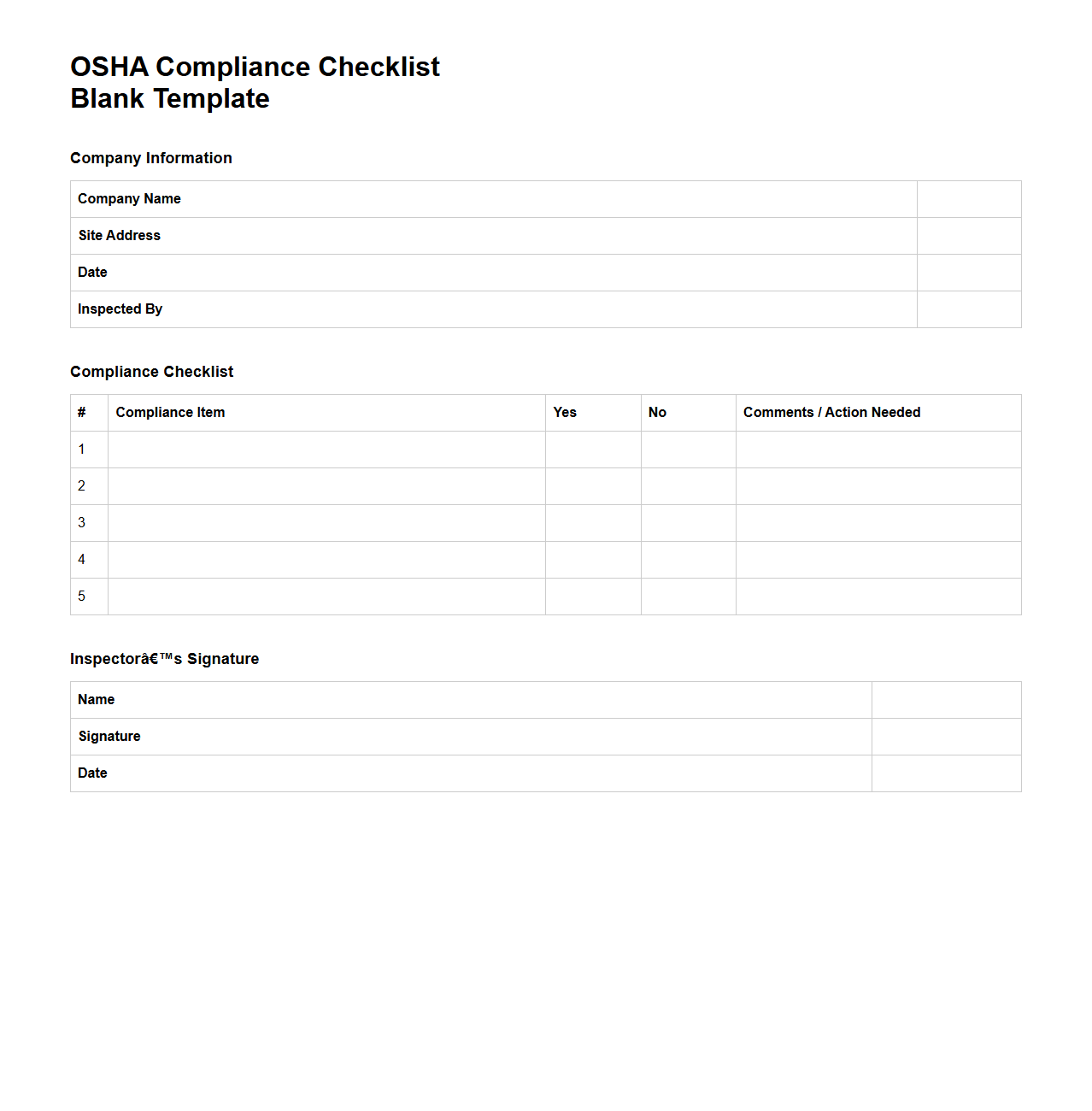 Blank OSHA Compliance Checklist Template