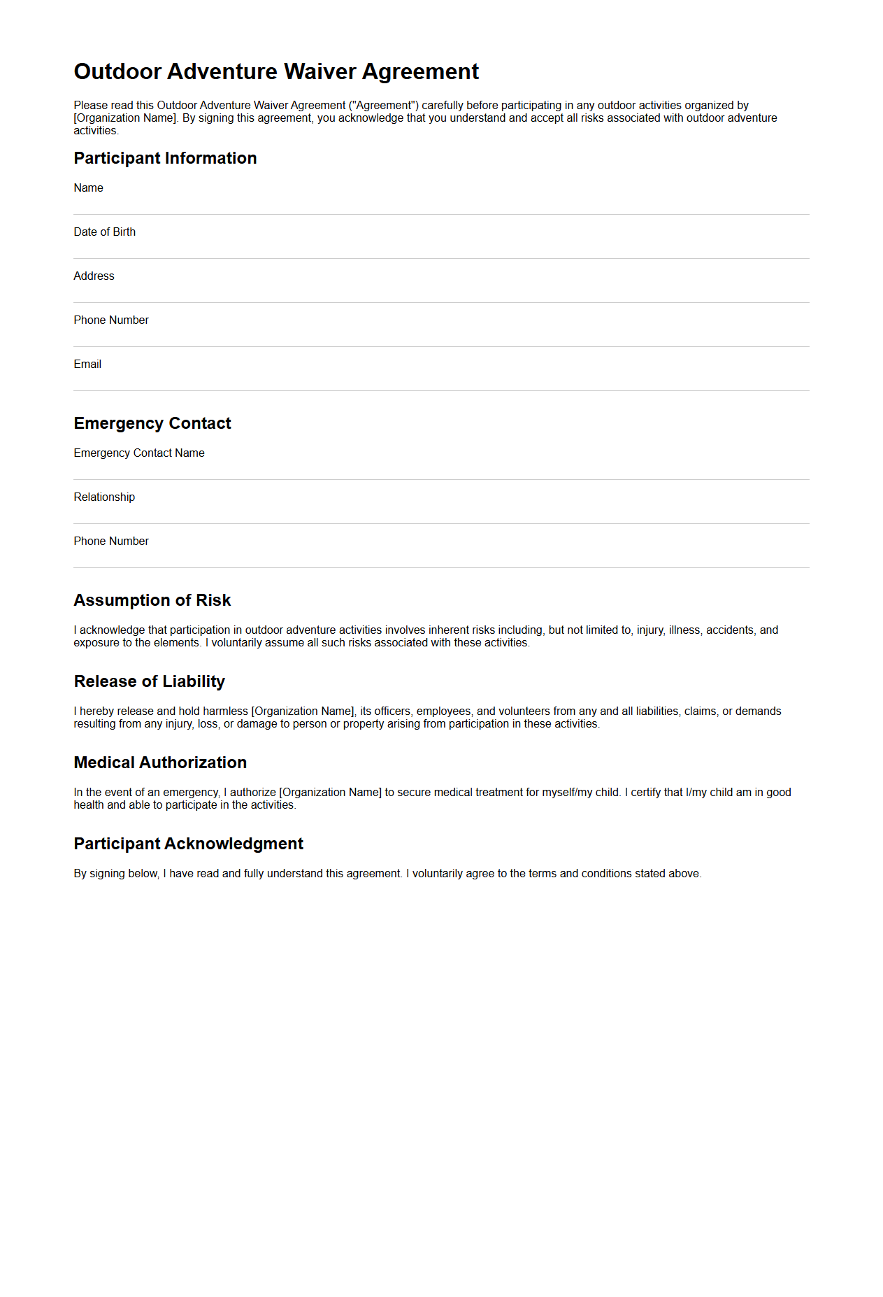 Blank Outdoor Adventure Waiver Agreement Template