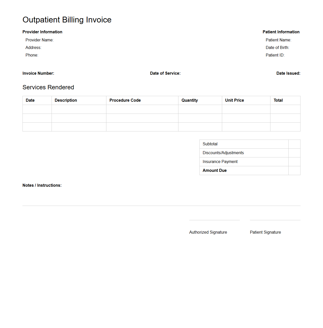Blank Outpatient Billing Invoice