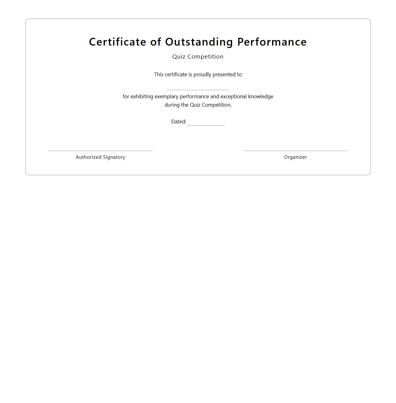 Blank Outstanding Performance Certificate Template for Quiz Competitions